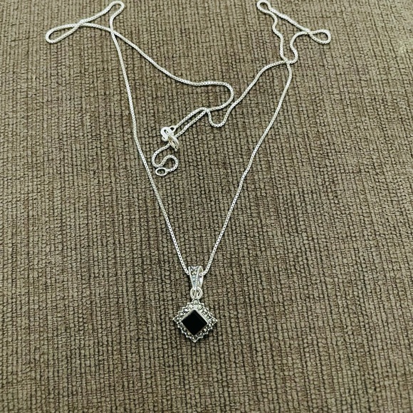 Sterling Silver Black Onyx Square Marcasite Necklace -Genuine Onyx - Picture 3 of 6